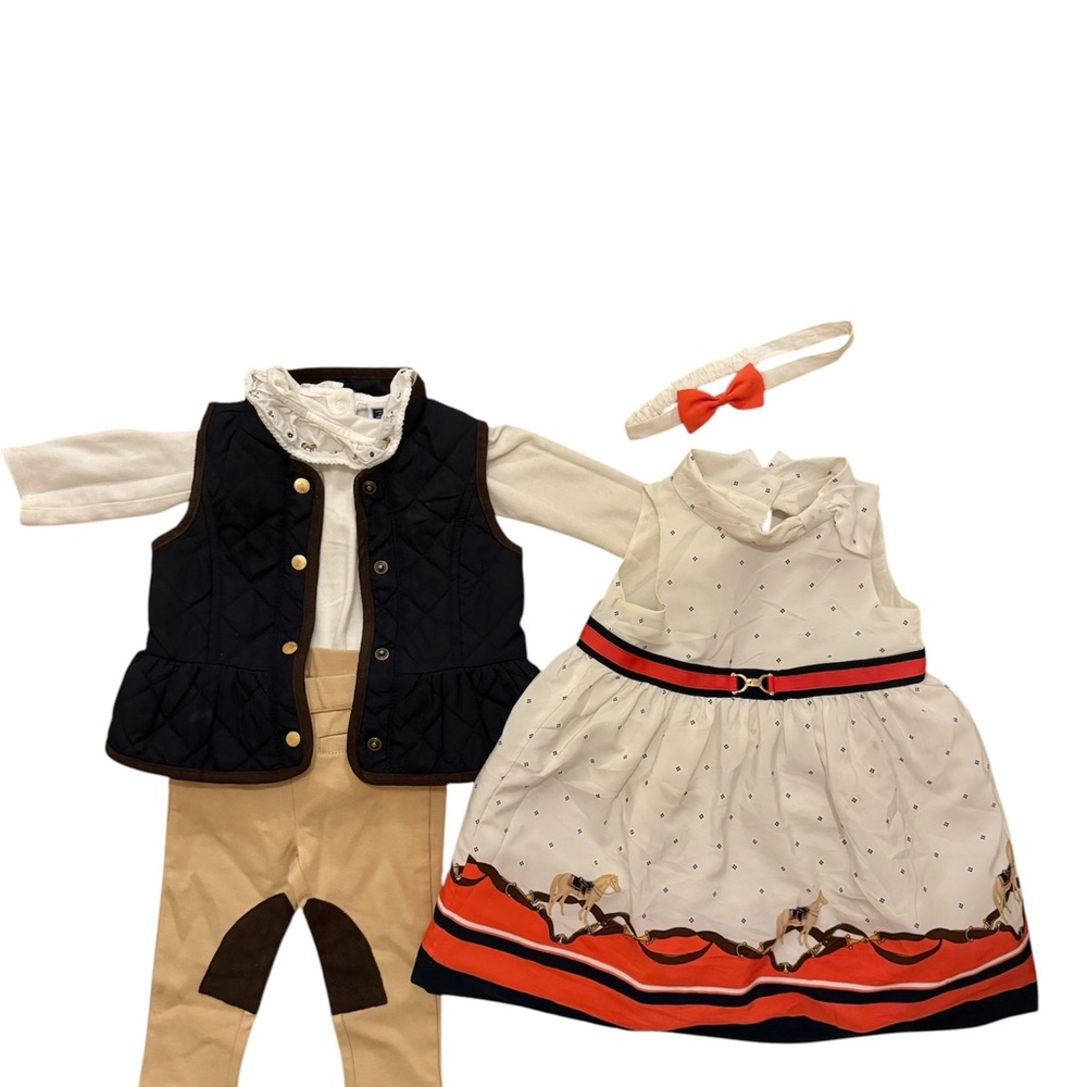 Janie and JackHorse Print Dress and pants/ vest set (2 complete outfits)